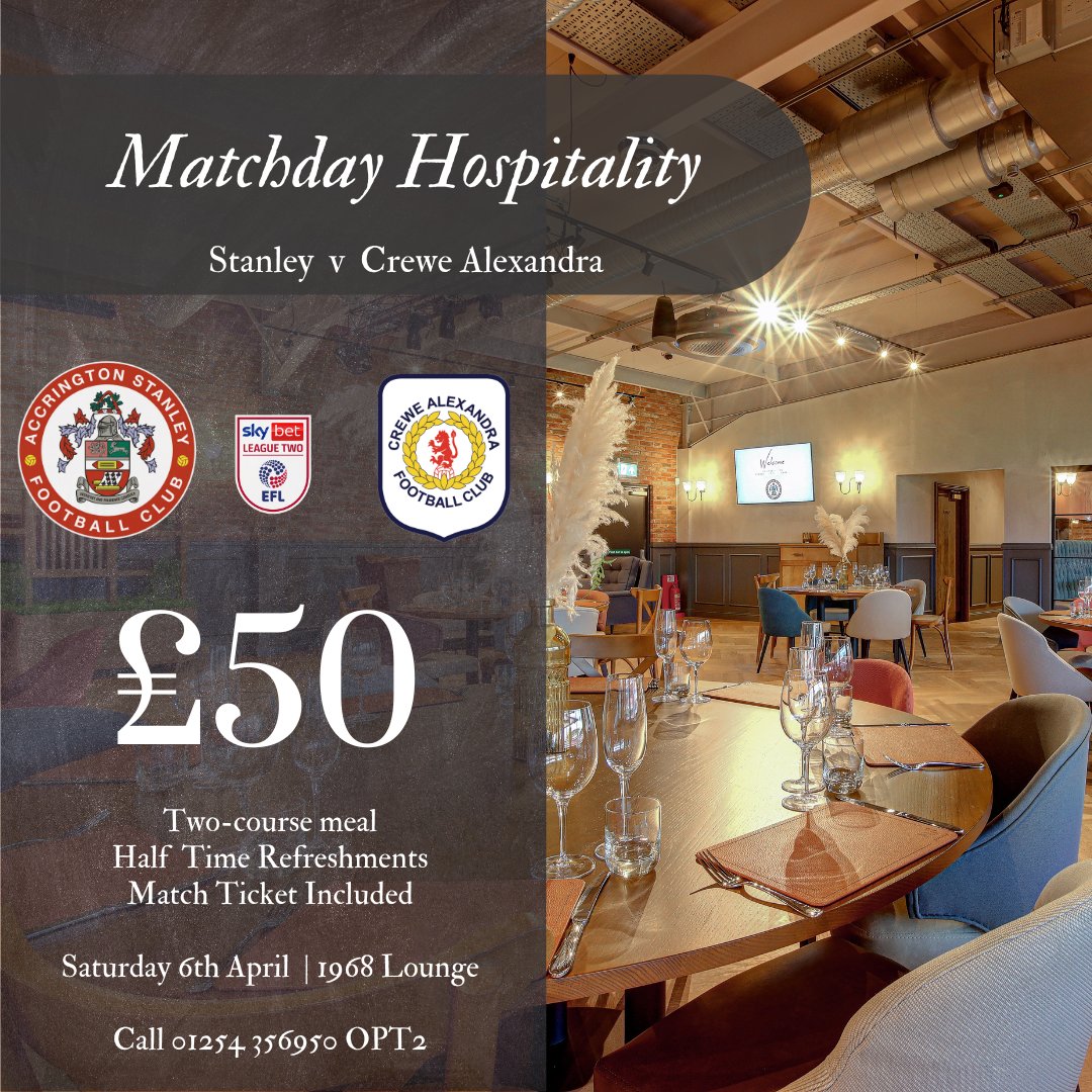 🍴 Book your place today in our 1968 Lounge for our next home fixture against Crewe Alexandra. Two-course meal | half time refreshments | match ticket | £50 ☎️ Call 01254 356950 OPT2