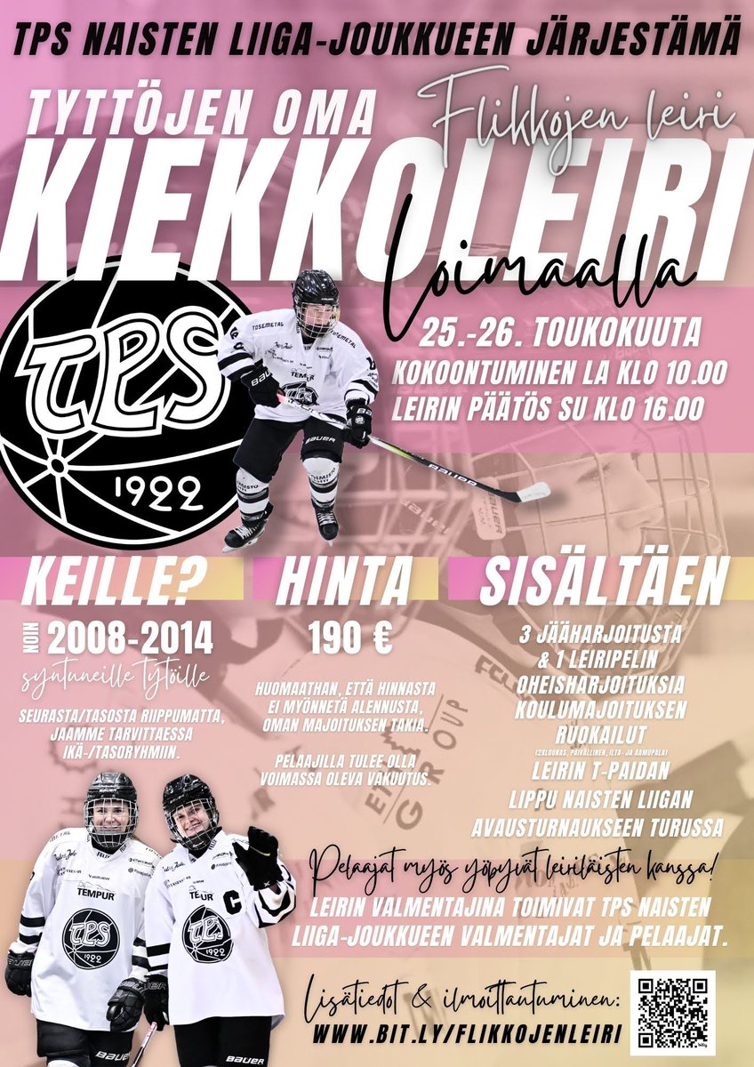 Tuu meidän kanssa leireilemään! 🏒   

Toukokuussa Loimaalla vietetään flikkojen omaa leiriviikonloppua. Mukana ovat TPS Naisten Liiga-joukkueen pelaajat ja valmentajat. 😎   

#TPSNaiset #HCTPS #tyttökiekko
