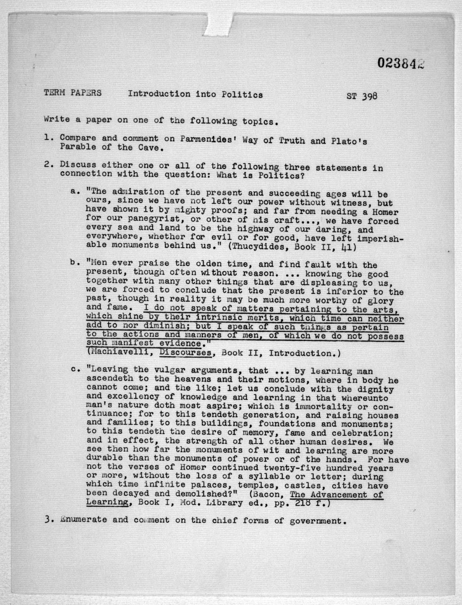 Hannah Arendt's final exam for Introduction Into Politics taught at the University of Chicago in 1963