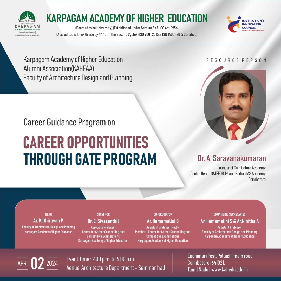wekaheians's tweet image. The KAHE Alumni Association and the Faculty of Architecture Design and Planning are organising a Career Guidance Programme on &quot;Career Opportunities Through GATE Programmeme&quot; today from 2 PM to 4 PM in the Architecture Department Seminar Hall. 

#CareerGuidance #GATEProgram