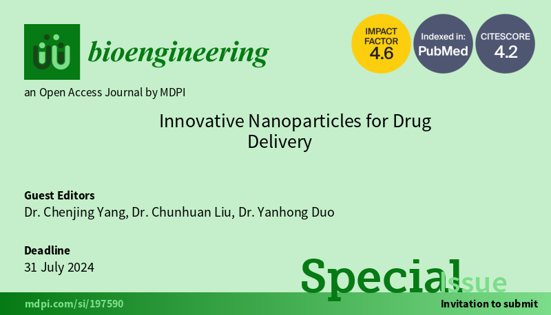 📢 A new Special Issue 'Innovative Nanoparticles for Drug Delivery' is now open for submissions! 🥼 This Special Issue is guest edited by Dr. Liu, Dr. Yang and Dr. Duo, from Harvard University. 🔗 Access details here: mdpi.com/journal/bioeng… #nanoparticles #drug_delivery