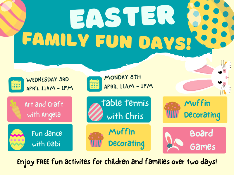Please join us tomorrow, Wed 3rd & 8th April for a family fun day 11am -1pm. We have a range of activities for children including muffin decorating in the cookery school, refreshments, arts & crafts and dancing! More info: ow.ly/J5Vc50R6n6c #kidsactivities #southislington