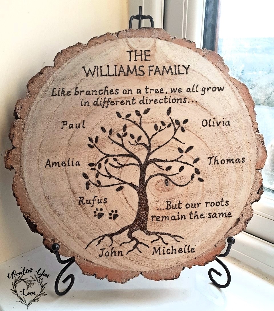 This hand burnt #Family Tree on a wood slice is the perfect gift for many occasions, or decor for the home. You can add past and present family members and pets Order yours here 👇woodenyoulove.co.uk/product/handma… #MHHSBD #firsttmaster #elevenseshour