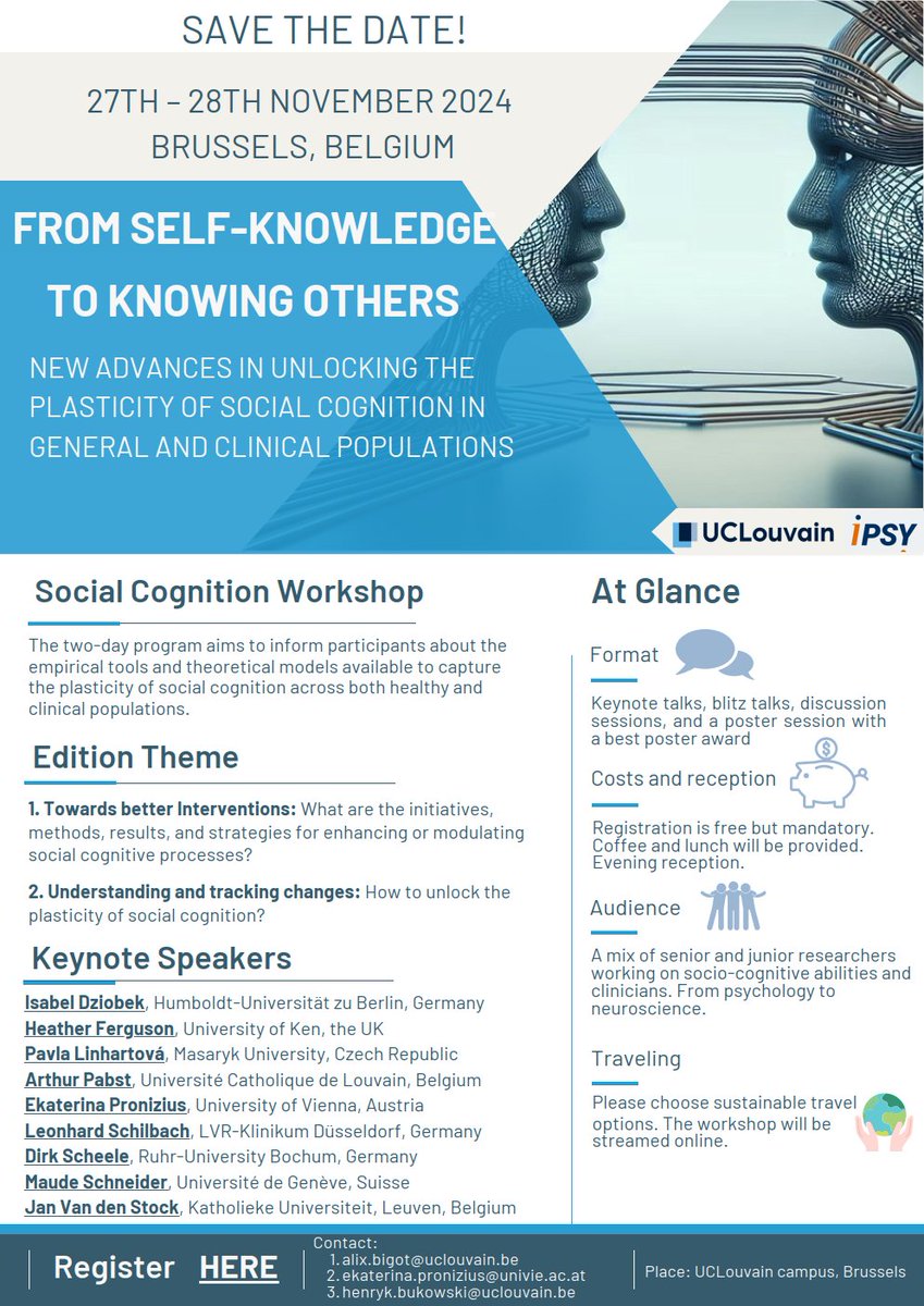 SAVE THE DATE for our 4th ed of this two-day social cognition workshop in Brussels on November 27-28 2024. Registration is free but mandatory: register at bit.ly/socialcog24. @ESCAN_EU @essanbrains @ESCoP_news @S4SNeuro