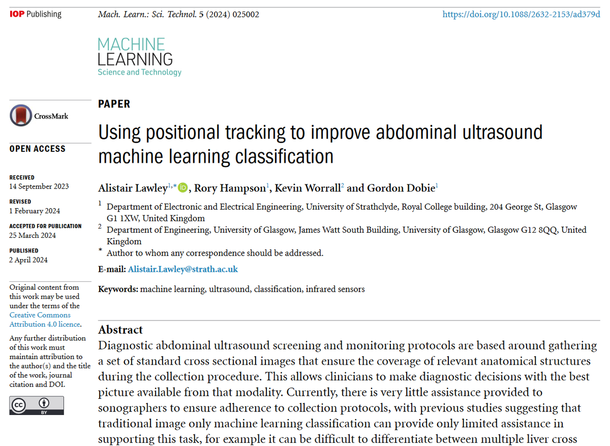 Great new work by Alistair Lawley, Rory Hampson @KjWorrall and Gordon Dobie @EEEStrathclyde @UofGEngineering @SINAPSECENTRE-'Using positional tracking to improve abdominal #ultrasound #machinelearning classification'-iopscience.iop.org/article/10.108… #medicine #AI #health #imaging #medphys