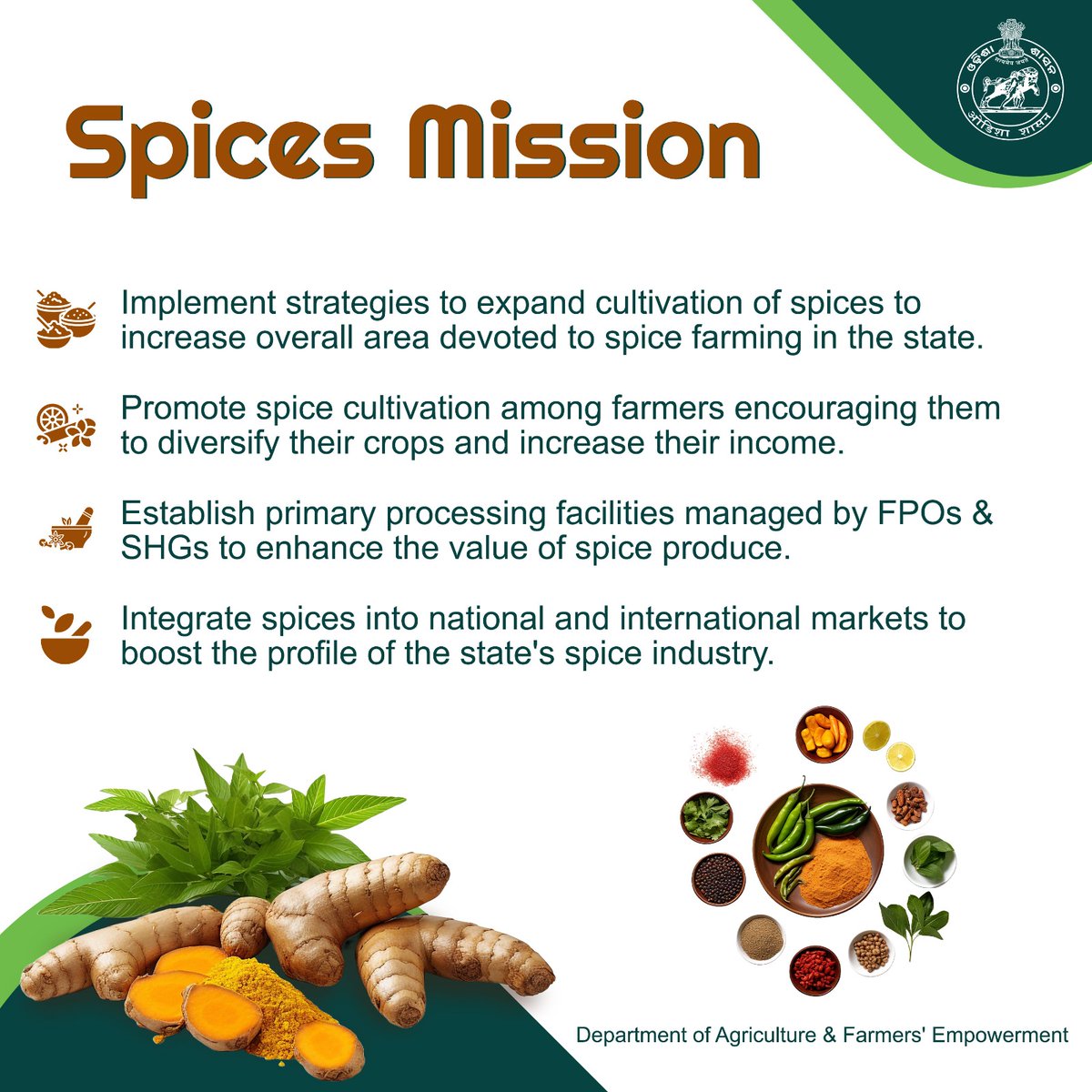 The #SpicesMission is designed to expand spice cultivation, diversify crop portfolios, and uplift farmers' economic prospects in #Odisha. It also aims to revolutionize the state's agricultural landscape through establishing primary processing units & targeting global markets.