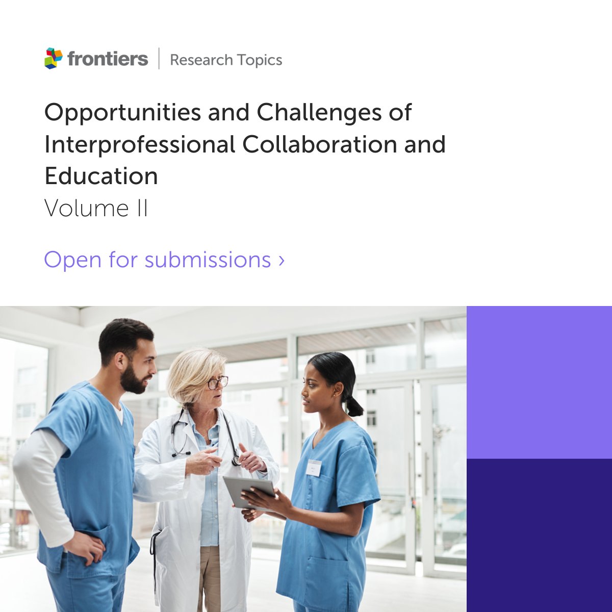 📢 Call for papers! 'Opportunities and Challenges of Interprofessional Collaboration and Education - Volume II' Edited by Jill Thistlethwaite, Martina Mueller-Schilling, Anthony Breitbach, John Gilbert, and Ciraj Ali Mohammed Submit or find out more ➡️ fro.ntiers.in/62395