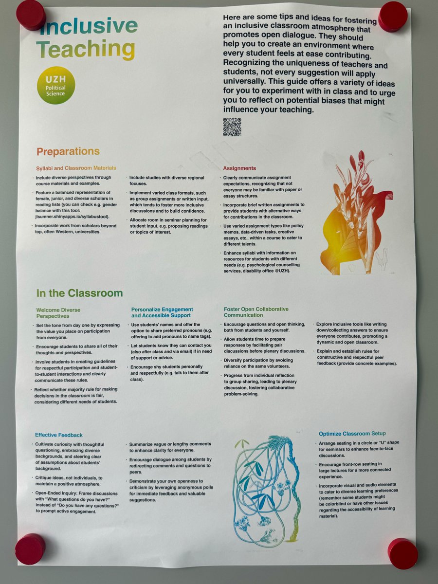 I briefly visited the Department of Political Science at the University of Zurich last week and spotted this overview of inclusive teaching & learning practices. Great summary! 👏 You can download the poster from the @IPZ_ch website (PDF): ipz.uzh.ch/dam/jcr:38e36e… @UZH_ch @UCDTL