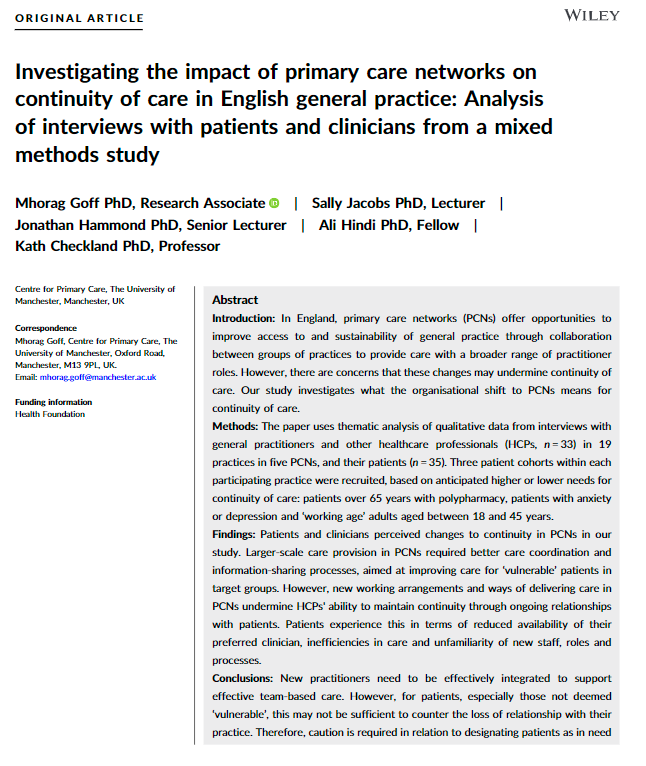 HOPE at UoM (@hope_uom) on Twitter photo New paper, led by @mhoraggoff:
"Investigating the impact of primary care networks on continuity of care in English general practice: analysis of interviews with patients and clinicians from a mixed methods study."
Funded by <a href="/HealthFdn/">The Health Foundation</a>
onlinelibrary.wiley.com/doi/10.1111/he… New paper, led by @mhoraggoff:
"Investigating the impact of primary care networks on continuity of care in English general practice: analysis of interviews with patients and clinicians from a mixed methods study."
Funded by <a href="/HealthFdn/">The Health Foundation</a>
onlinelibrary.wiley.com/doi/10.1111/he…
