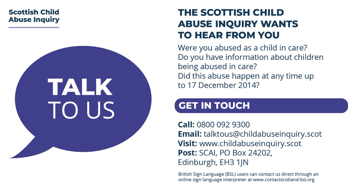 The Talk to Us phone line remains open for anyone who needs to get in touch with the SCAI. You can contact the Witness Support Team on 0800 0929 300 from 10am – 4pm Monday to Friday, or by email at talktous@childabuseinquiry.scot#GetInTouch #StayConnected