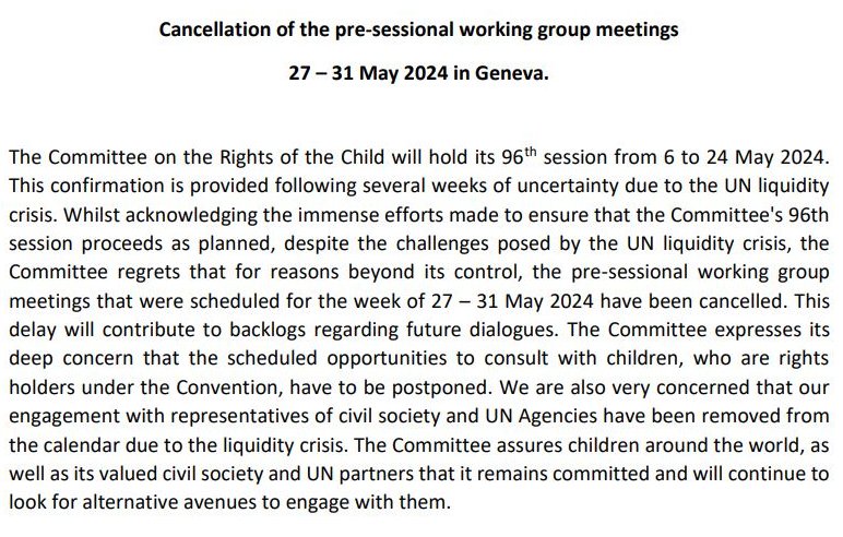 📢We express deep concern over the cancellation of the @UNChildRights1 98th Pre-session due to the UN liquidity crisis. This has a negative impact on the CRC's ability to carry out its core work and interact with children and civil society. We call on States to pay their UN fees