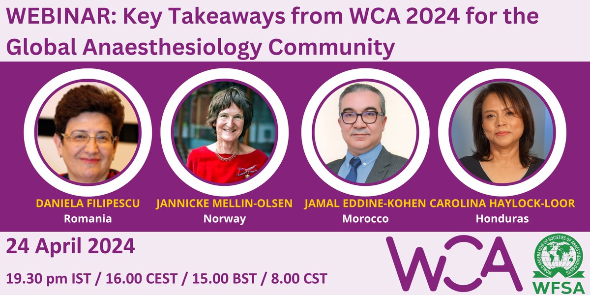 Join our webinar on #wca2024 highlights & insights into #wca2026: wfsahq-org.zoom.us/webinar/regist… Our experts will discuss scientific breakthroughs & patient safety strategies. Don't miss out! #anaesthesia #anesthesia #anesthesiology