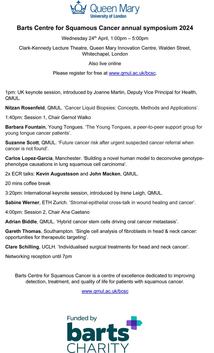 Adrian Biddle (@drabiddle) on Twitter photo Not long to go! Our annual <a href="/BartsSquamous/">Barts Centre for Squamous Cancer</a> cancer symposium will be on 24th April <a href="/blizard_inst/">Blizard Institute</a> <a href="/QMULBartsTheLon/">Barts and The London, Queen Mary</a> and online. Keynote talks from Sabine Werner and Nitzan Rosenfeld. Full program and registration: qmul.ac.uk/bcsc/events/ba… Not long to go! Our annual <a href="/BartsSquamous/">Barts Centre for Squamous Cancer</a> cancer symposium will be on 24th April <a href="/blizard_inst/">Blizard Institute</a> <a href="/QMULBartsTheLon/">Barts and The London, Queen Mary</a> and online. Keynote talks from Sabine Werner and Nitzan Rosenfeld. Full program and registration: qmul.ac.uk/bcsc/events/ba…