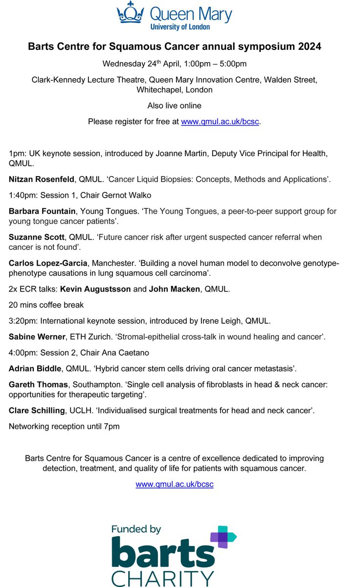 Not long to go! Our annual @BartsSquamous cancer symposium will be on 24th April @blizard_inst @QMULBartsTheLon and online. Keynote talks from Sabine Werner and Nitzan Rosenfeld. Full program and registration: qmul.ac.uk/bcsc/events/ba…