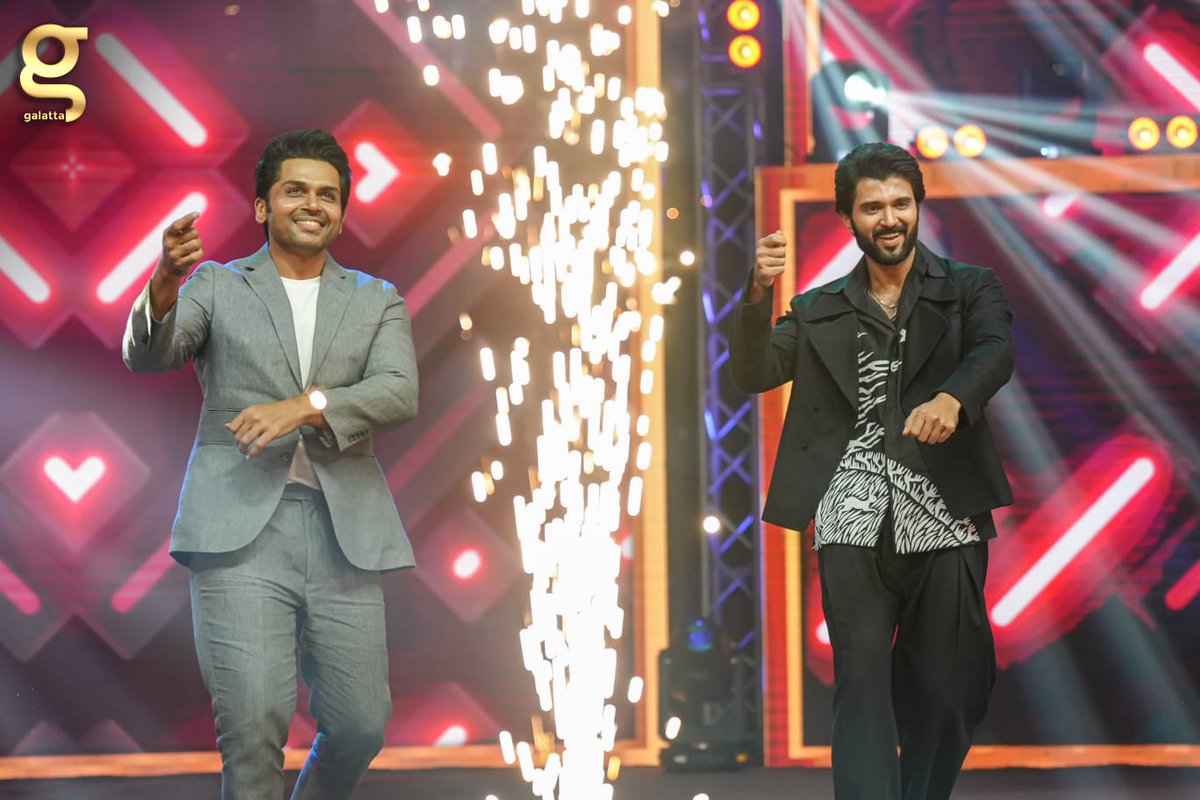 • @Karthi_Offl anna & @TheDeverakonda ignite the stage with their electrifying dance moves, setting fire to the night at Galatta Golden Stars 2024. 🔥🥳 #Karthi #Karthi26 #Karthi27