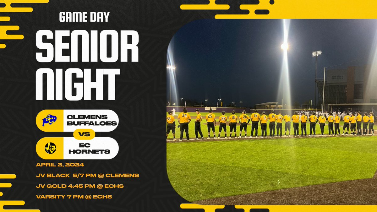 '🚀 Senior Night as EC Hornet Baseball takes on Clemens Buffaloes! JV Black is hitting the road while JV Gold and Varsity hold down the fort at home. Let's show our support! 🎉⚾ #ECHornetBaseball #SeniorNight #GoHornets' @_ECAthletics @booster_ec @ECISDtweets @ArriolaSuzette