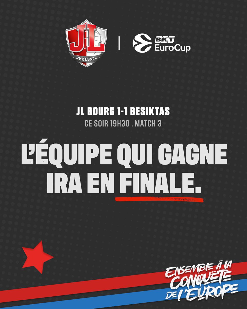 JL Bourg Basket (@jlbourgbasket) on Twitter photo GAMEDAY ⚔️
TOUT EST DIT, Y'A PLUS QU'A 🫡
🆚 <a href="/BJK_Basketbol/">Beşiktaş GAİN</a>
🕗 19h30
📺 <a href="/skweektv/">SKWEEK</a>
#WeRedy | #RoadToGreatness | <a href="/EuroCup/">BKT EuroCup</a> GAMEDAY ⚔️
TOUT EST DIT, Y'A PLUS QU'A 🫡
🆚 <a href="/BJK_Basketbol/">Beşiktaş GAİN</a>
🕗 19h30
📺 <a href="/skweektv/">SKWEEK</a>
#WeRedy | #RoadToGreatness | <a href="/EuroCup/">BKT EuroCup</a>