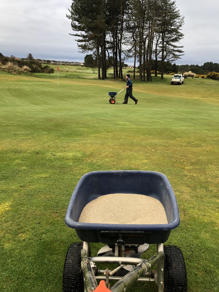 Rob and Neil getting the steps in today putting down a feed to all Links greens and aprons. Also, ball washers being freshly painted to go back out for the new season and work continues on the old 6th green to re-establish it to be used as a turf nursery @Barassie_KBGC