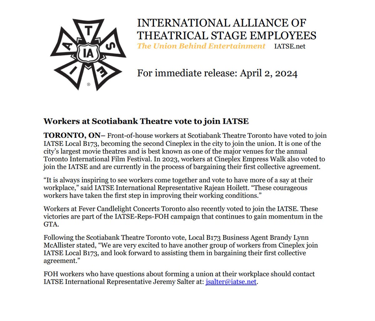Front-of-house workers at Scotiabank Theatre Toronto have voted to join IATSE Local B173, becoming the 2nd Cineplex in the city to join the #union. Congratulations & welcome to the @IATSE family! #Solidarity #StrongerTogether #UnionStrong Communique here: shorturl.at/JMPQZ