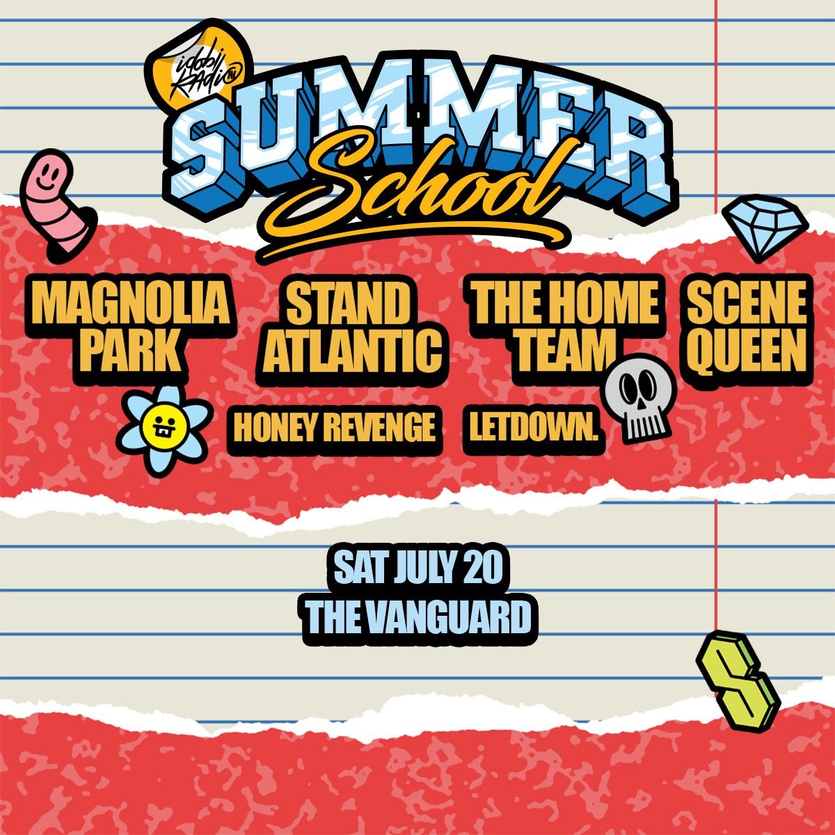 The Summer School Tour featuring @Magnoliaparkfl @standatlantic @TheHomeTeamNW @scenequeenrocks @honeyrevengeca and @letdownmusic is coming to Orlando on Saturday, July 20! ✏️📚 Tickets on sale Friday, April 5 @ 12:00pm
