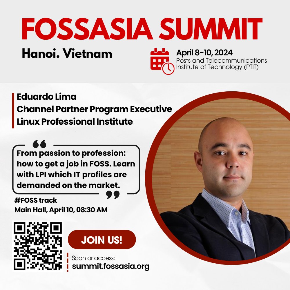 fossasiasg's tweet image. Eduardo Lima, Channel Partner Program Executive at #LinuxProfessionalInstitute - LPI.org, will share “From passion to profession: how to get a job in #FOSS. Learn with LPI which IT profiles are demanded on the market” Learn more at eventyay.com/e/55d2a466/ses…