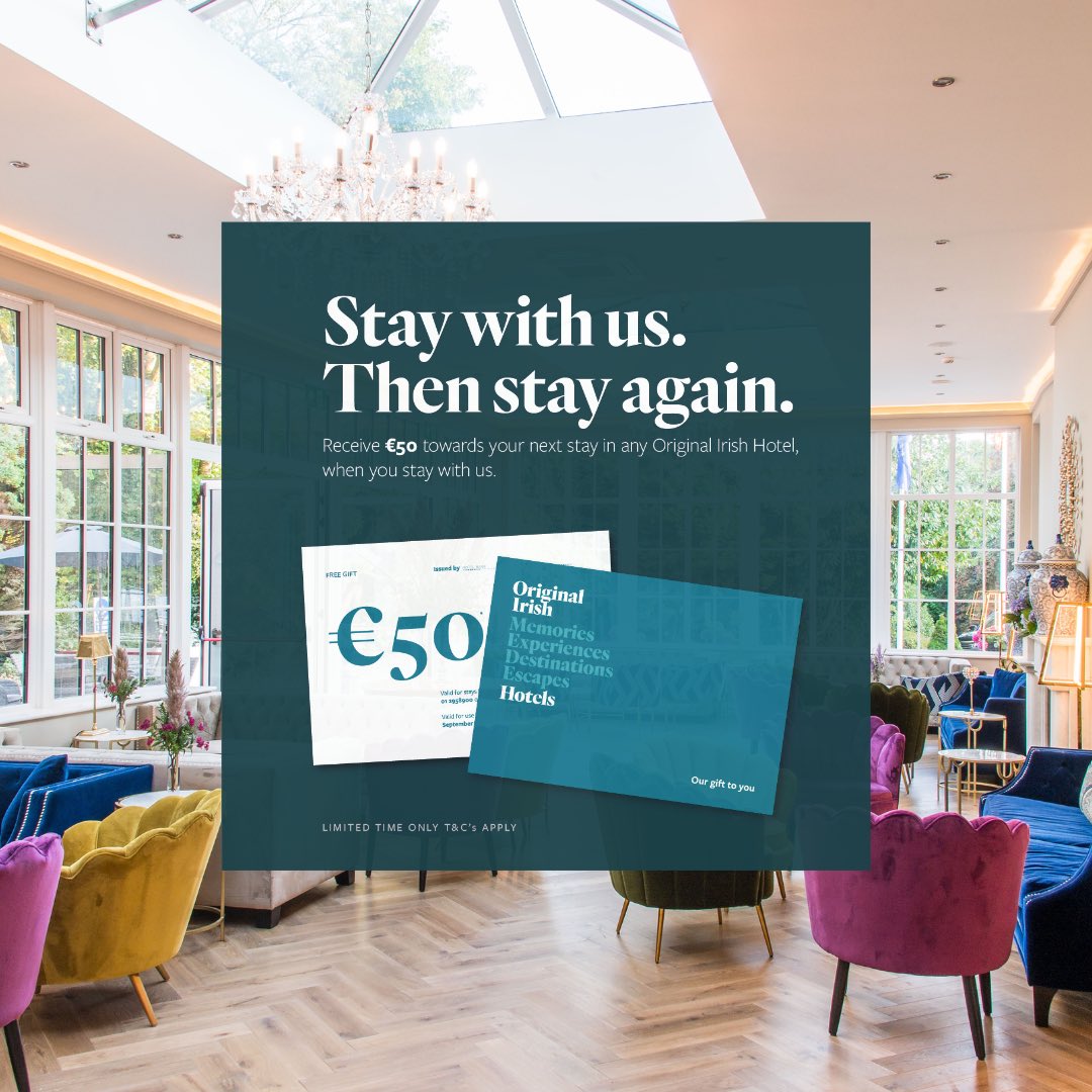 Reminder… Stay with us. Then stay again💙 For anyone who has received this voucher, April is the last month it is valid🌸 Book your spring getaway and receive €50 off your stay at an Original Irish Hotel✨ Our gift to you🌻 T&Cs apply. #originalirishhotels #giftvoucher