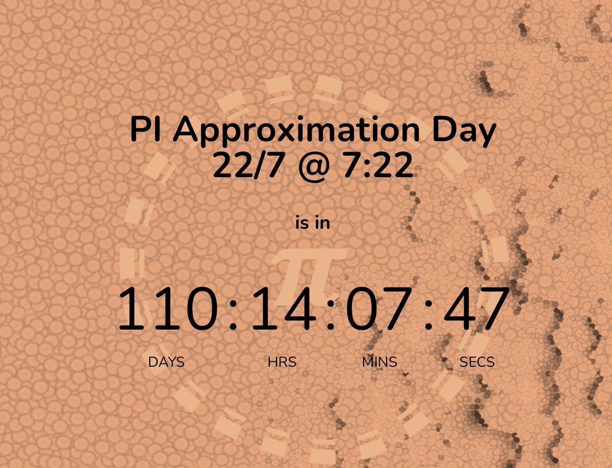 Next PI Approximation day is 22/7.

It’s called PI Approximation day because 22/7 is approximation of PI.

22/7 is only correct to the first 2 decimals:
PI       = 3,14159265359...
22/7 =  3,14285714286...

Approximately 110 days to go…