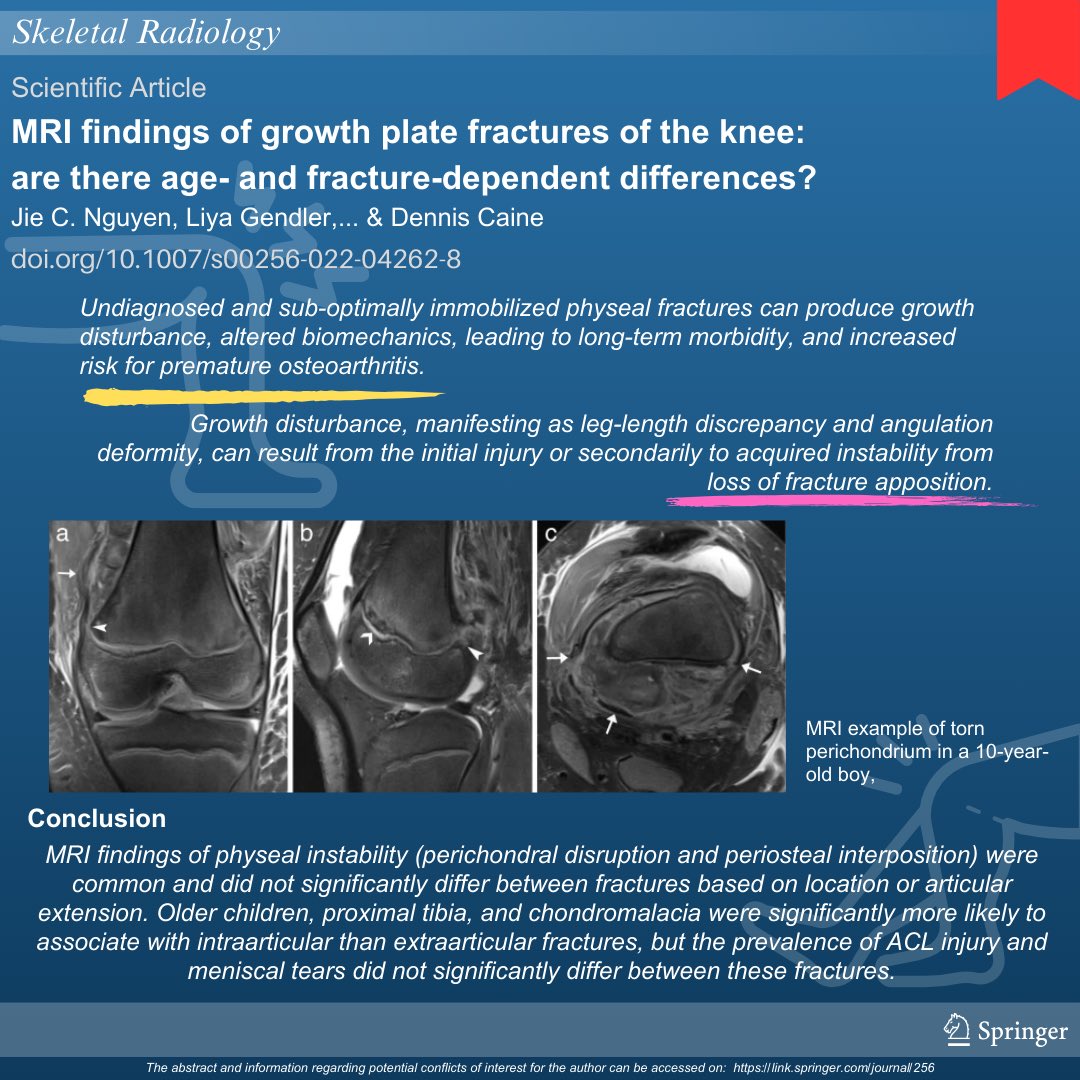 Explore this infographic from the paper: 🔴 MRI findings of growth plate fractures of the knee: are there differences dependent on age and the type of fracture? To read the full article, access the link: rdcu.be/dwg1c #SkeletalRadiology #SkeletalJournal #SKRAjournal