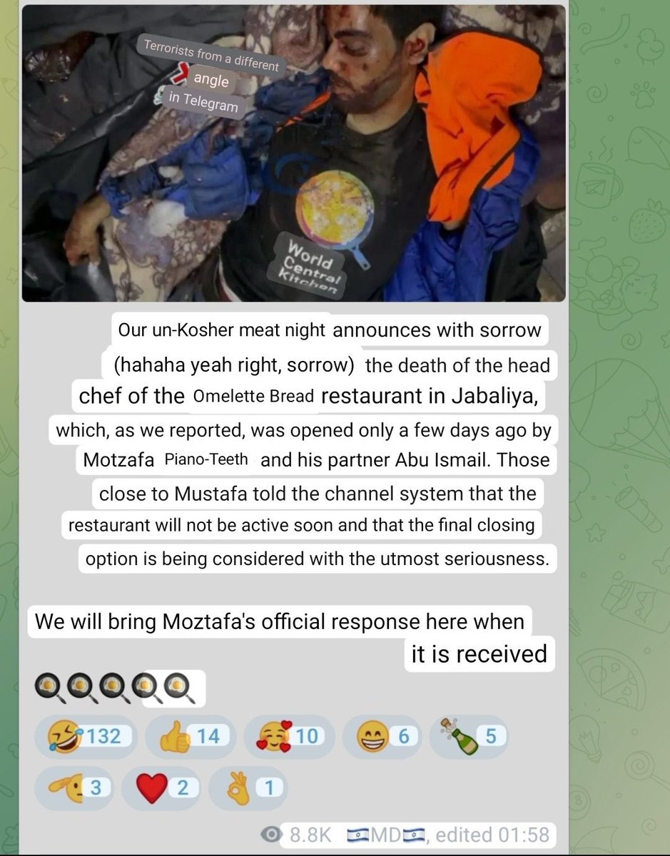 DoubleDownNews's tweet image. Messages posted by popular Israeli Telegram channel in response to the killing of international humanitarian aid workers.

Our supposed allies.