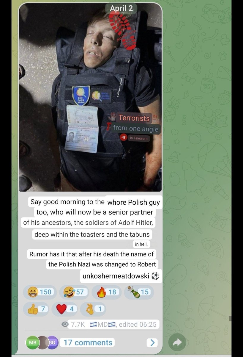 DoubleDownNews's tweet image. Messages posted by popular Israeli Telegram channel in response to the killing of international humanitarian aid workers.

Our supposed allies.