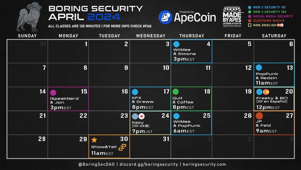 🗓️GM GM to our April Calendar!🗓️ 🧠Learn about Web 3 Security 101s and 102, Social Media Security, and Sleuthing ALL FOR FREE BTW! ⭐️This April, we'll also be having a Show & Tell with ZenGo.👀 Hop on our server (link in bio) and join us!🫡