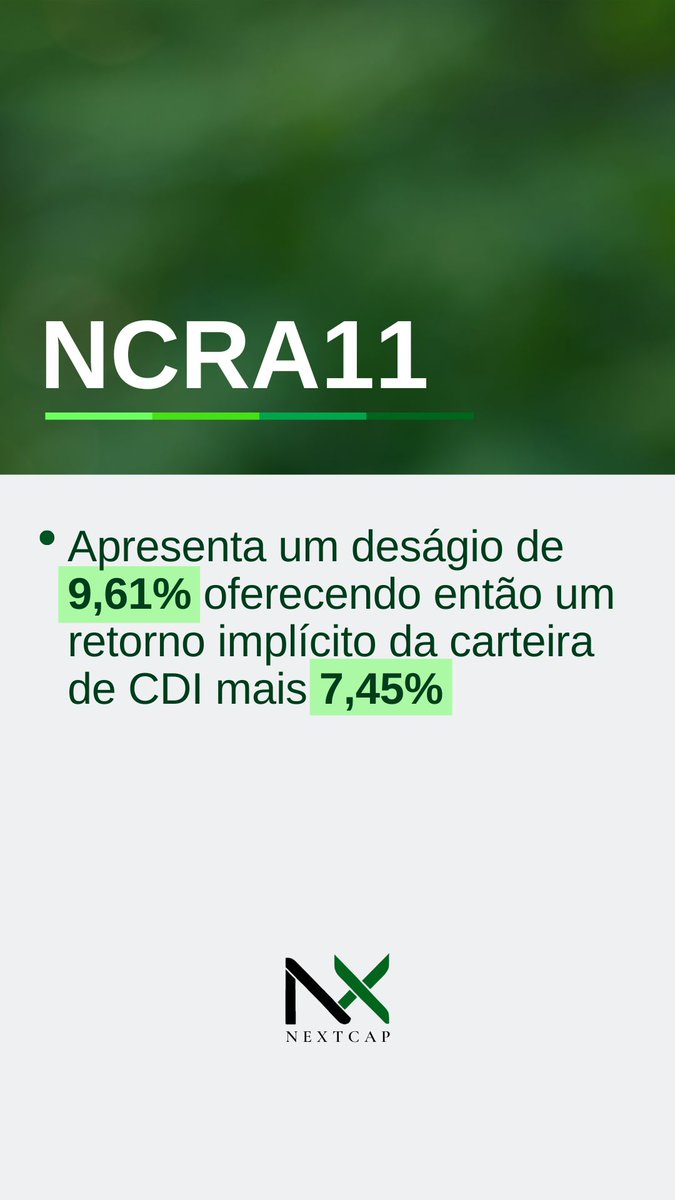 NextCapAsset's tweet image. NCRA11 Apresenta um deságio de 9,61% oferecendo então um retorno implícito da carteira de CDI mais 7,45% 

Se interessou pelo NCRA11? Entre em contato conosco!

Nossas redes: 
Instagram: @nextcapasset

LinkedIn: NextCap Fundos deInvestimento 
Twitter: @nextcapasset

Youtube:…