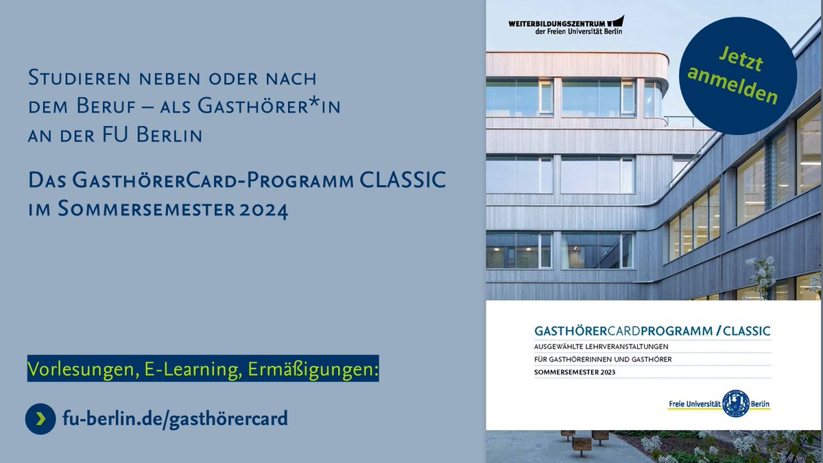 Die Lehrveranstaltungen an der <a href="/FU_Berlin/">Freie Universität</a> im #GasthörerCard-Programm CLASSIC sind jetzt für das #Sommersemester 2024 buchbar!➡️Alle Informationen und Buchung: ssl2.cms.fu-berlin.de/fu-berlin/site…
.
.
#lebenslangeslernen