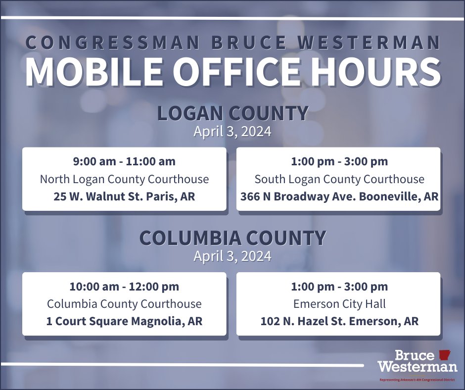 Do you need assistance with the VA, Postal Service, IRS, or other federal agency? Team Westerman will be in Logan County and Columbia County tomorrow to help. Visit westerman.house.gov/mobile-office-… to learn more about mobile offices or to see upcoming locations.