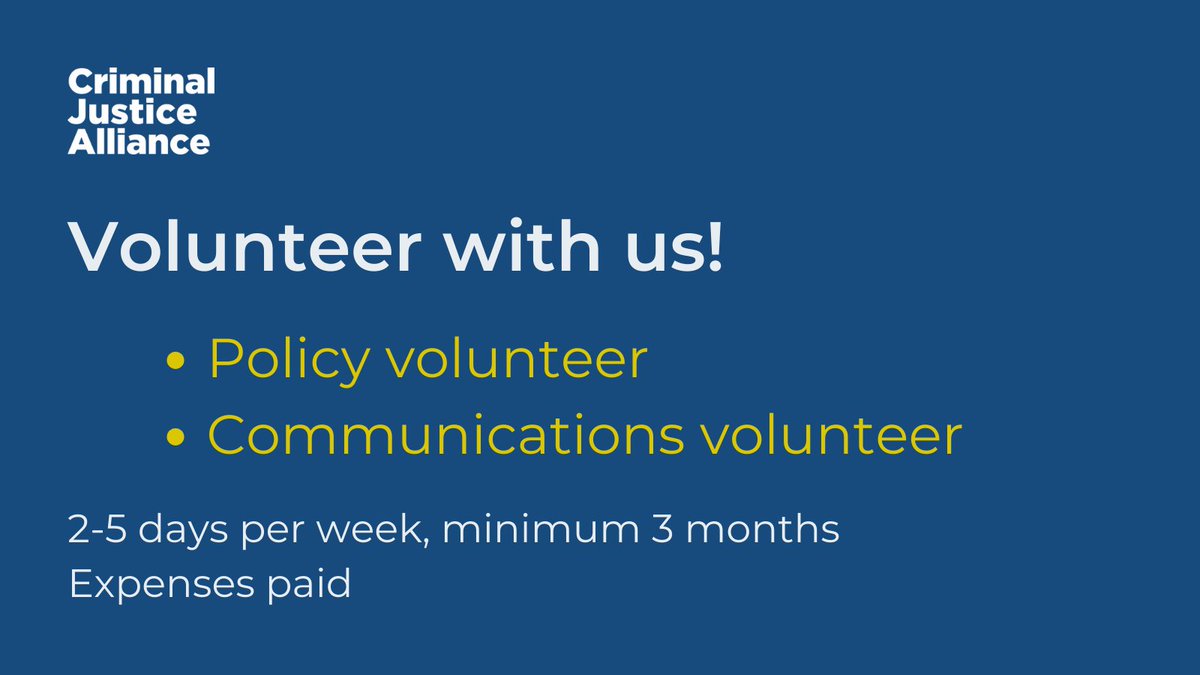 ✨ Volunteer with the Criminal Justice Alliance! Are you passionate about making a difference in the criminal justice system? We are seeking two volunteers to support our policy and communications work. Learn more: criminaljusticealliance.org/about-the-cja/…