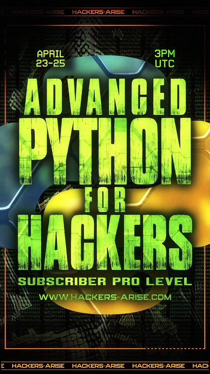 three_cube's tweet image. Python is the preferred scripting language for hackers and cybersecurity pros.    

Learn advanced python techniques and scripts specific to cybersecurity    

Advanced Python for Hackers, April 23-25    

hackers-arise.com/subscriber-pro