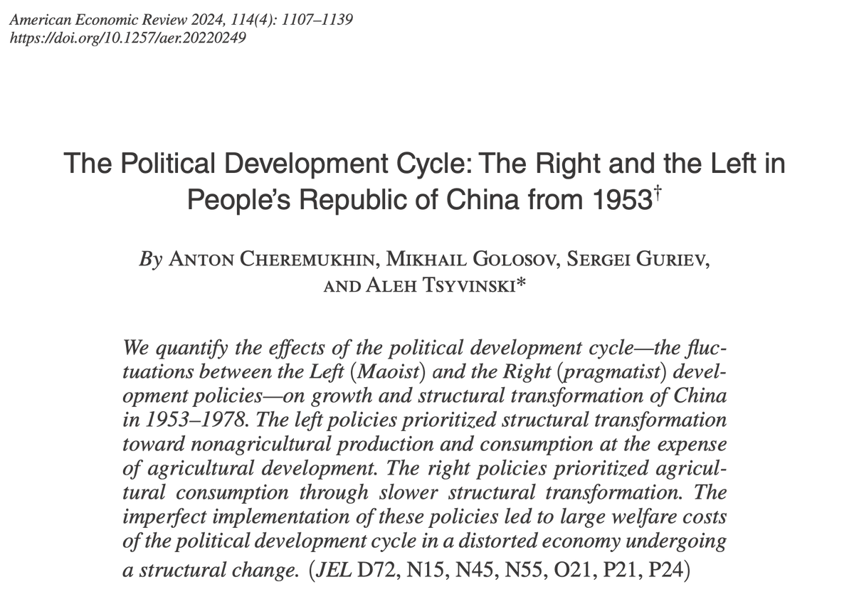 NEW in the American Economic Review (@AEAjournals): 'The Political Development Cycle: The Right and the Left in People's Republic of China from 1953' By Anton Cheremukhin, Mikhail Golosov, Sergei Guriev (@sguriev), & Aleh Tsyvinski: economics.yale.edu/research/cfp-1…