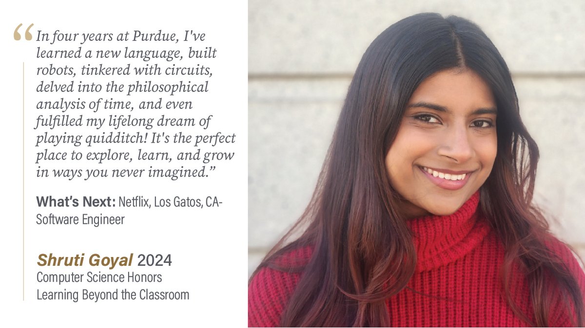 Congratulations to Shruti Goyal - one of this year's Student Success Stories in Computer Science Honors and who also earned a Learning Beyond the Classroom certificate. @PurdueCS #Purdue #Science #ComputerScience #STEM #WomenInScience #WomenInSTEM