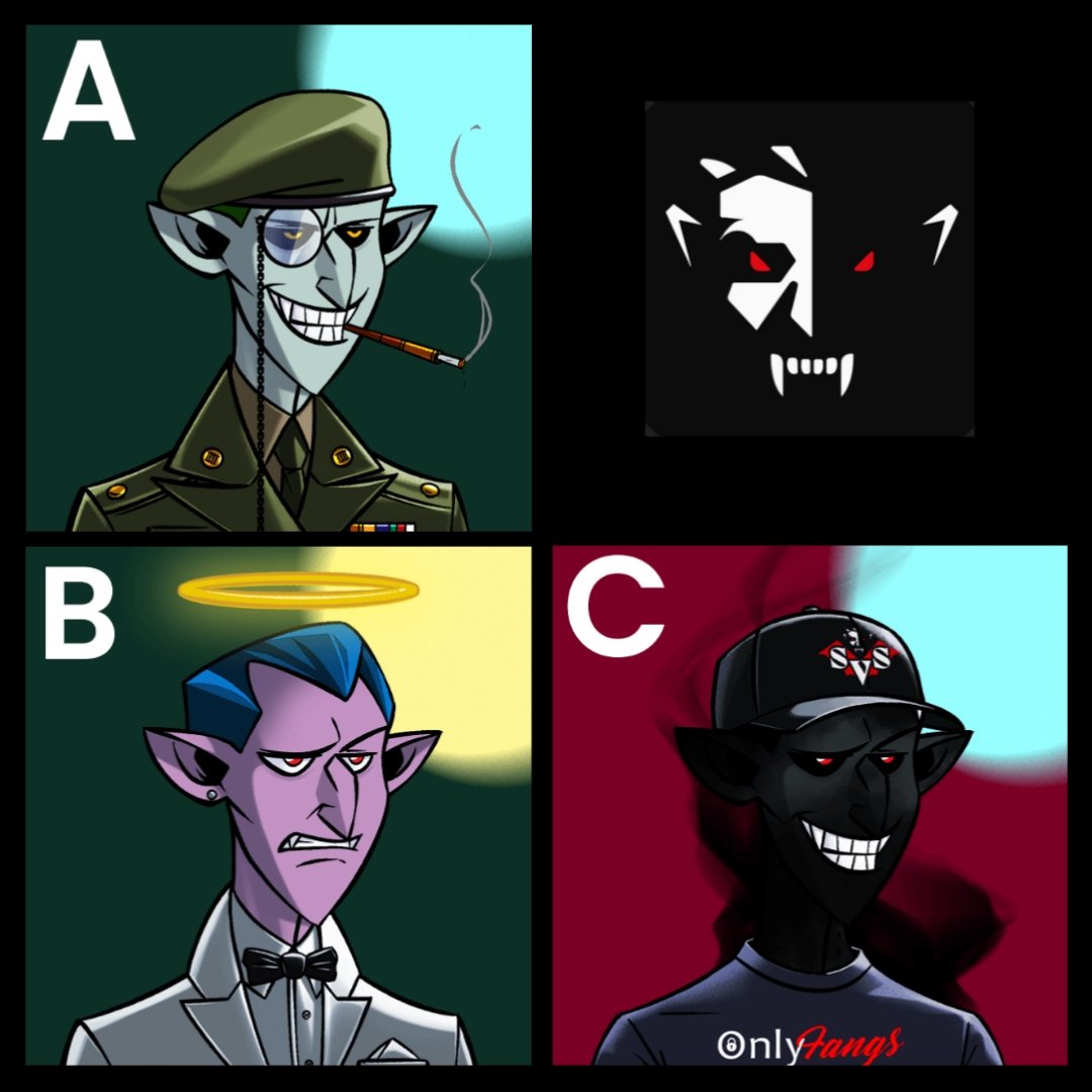 May need to change my pfp to <a href="/SVSNFT/">Sneaky Vampire Syndicate</a> again.. which vamp 🤔
A, B, or C? 

#svs