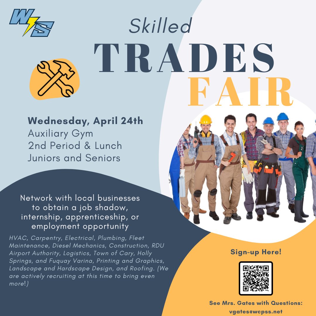 Students, please take advantage of the Skilled Trades Fair on April 24th during 2nd period and lunch for Juniors and Seniors. See flyer for more information. You need to sign up. This is a great opportunity to discuss internships etc. @WS_Storm_Sports @WillowSpringHS