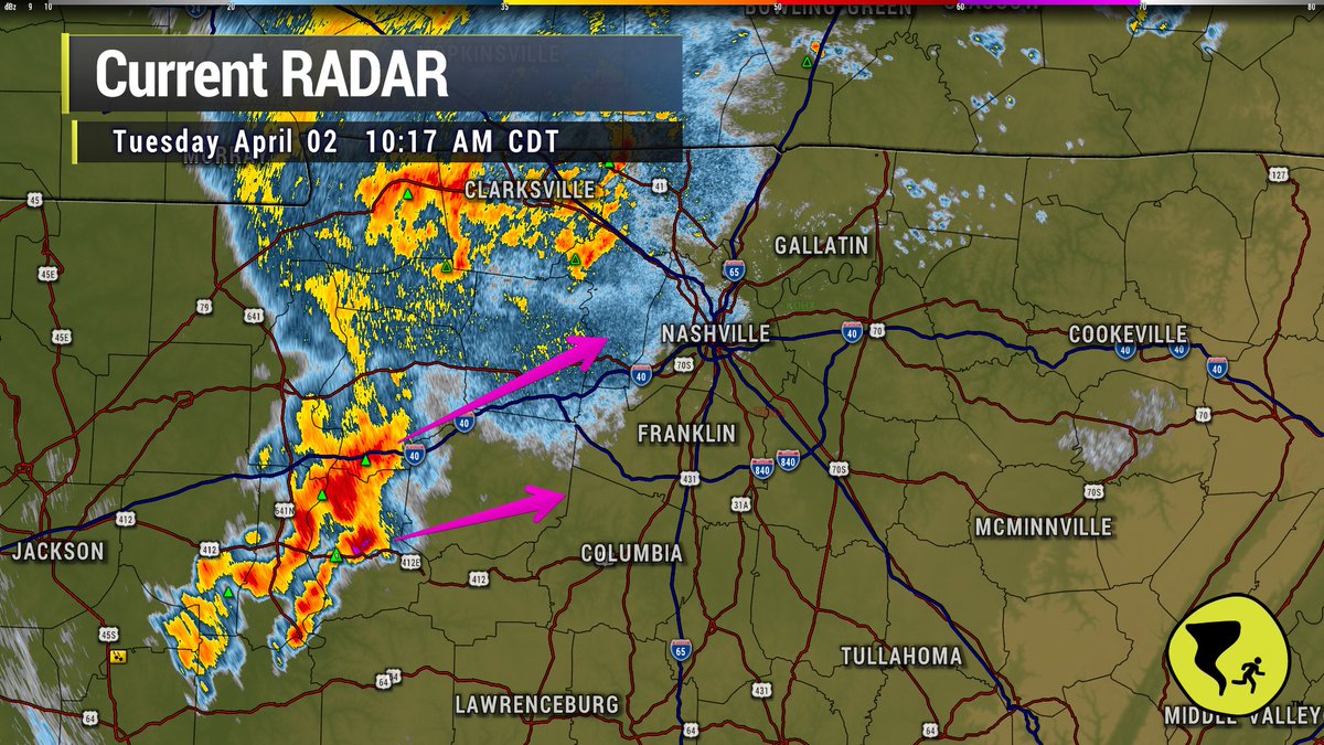 10:17 am, currently non-severe storms have crossed the TN River into Middle TN. Should arrive around I-65 between 11:45 and noon. Damaging straight line winds are the biggest concern, but a tornado can not be ruled out. Stay connected. Tornado watch in effect until 3:00 pm.