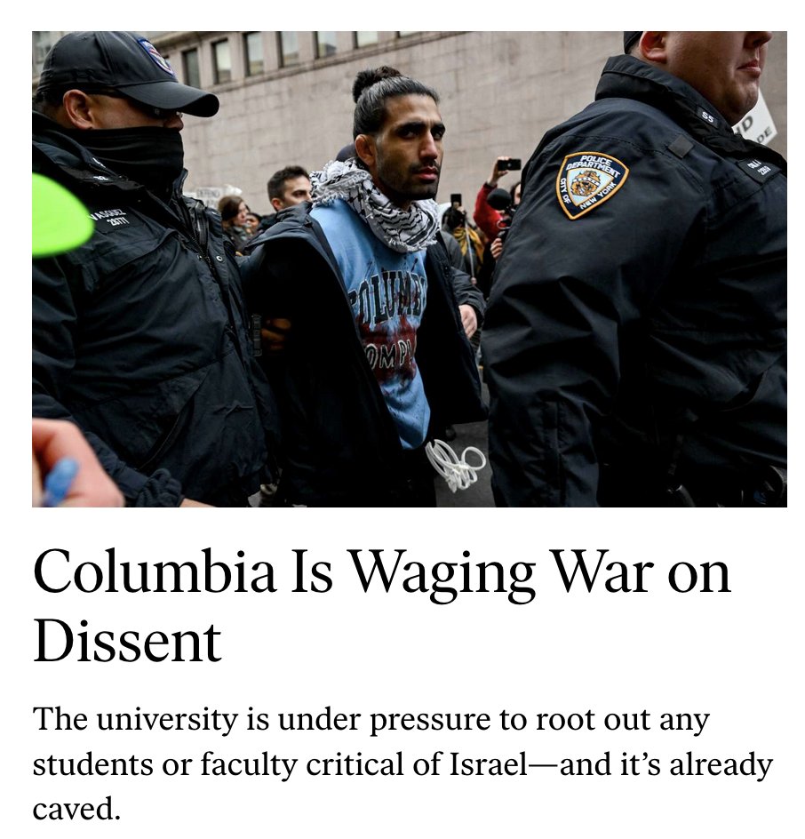 An excellent article in @thenation by my colleague @ProfKFranke about the perilous state of free expression and academic freedom at Columbia right now. thenation.com/article/societ…