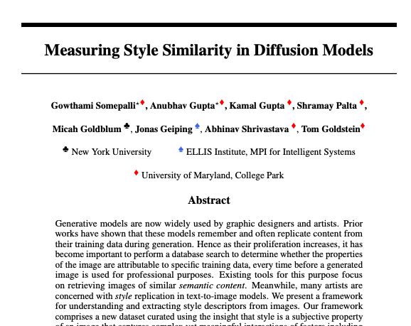 Measuring Style Similarity in Diffusion Models Generative models are now widely used by graphic designers and artists. Prior works have shown that these models remember and often replicate content from their training data during generation. Hence as their proliferation