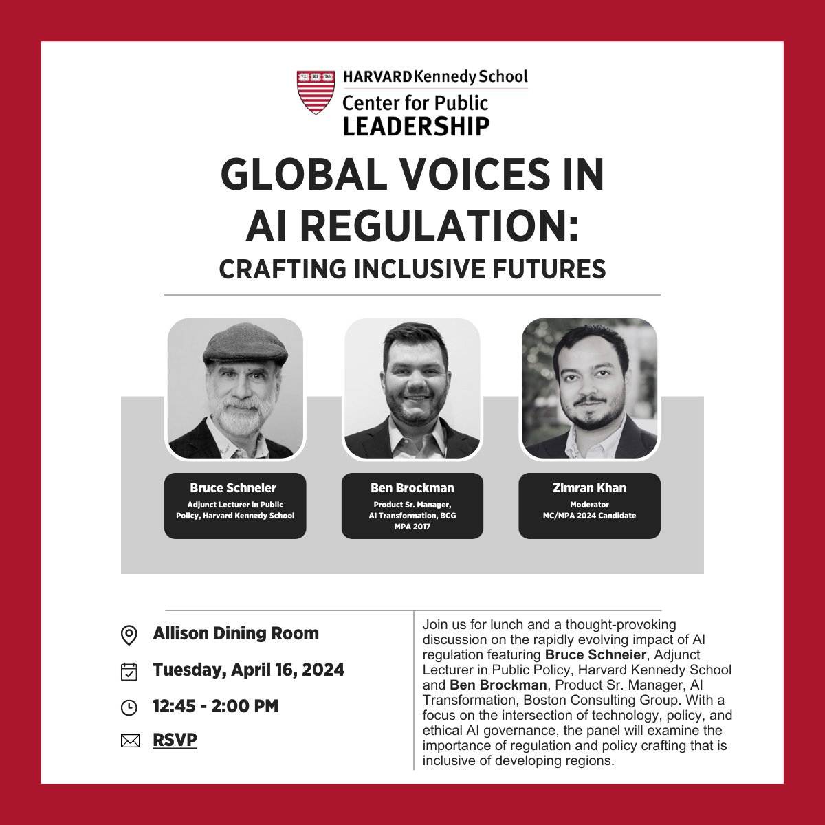 Join us on 4/16 for lunch and a discussion on the evolving impact of AI regulation with Bruce Schneier, Adjunct Lecturer in Public Policy @Kennedy_School and Ben Brockman, Product Sr. Manager, AI Transformation, @BCG. Moderated by Zimran Khan MC/MPA 2024. hksexeced.tfaforms.net/f/event-regist…