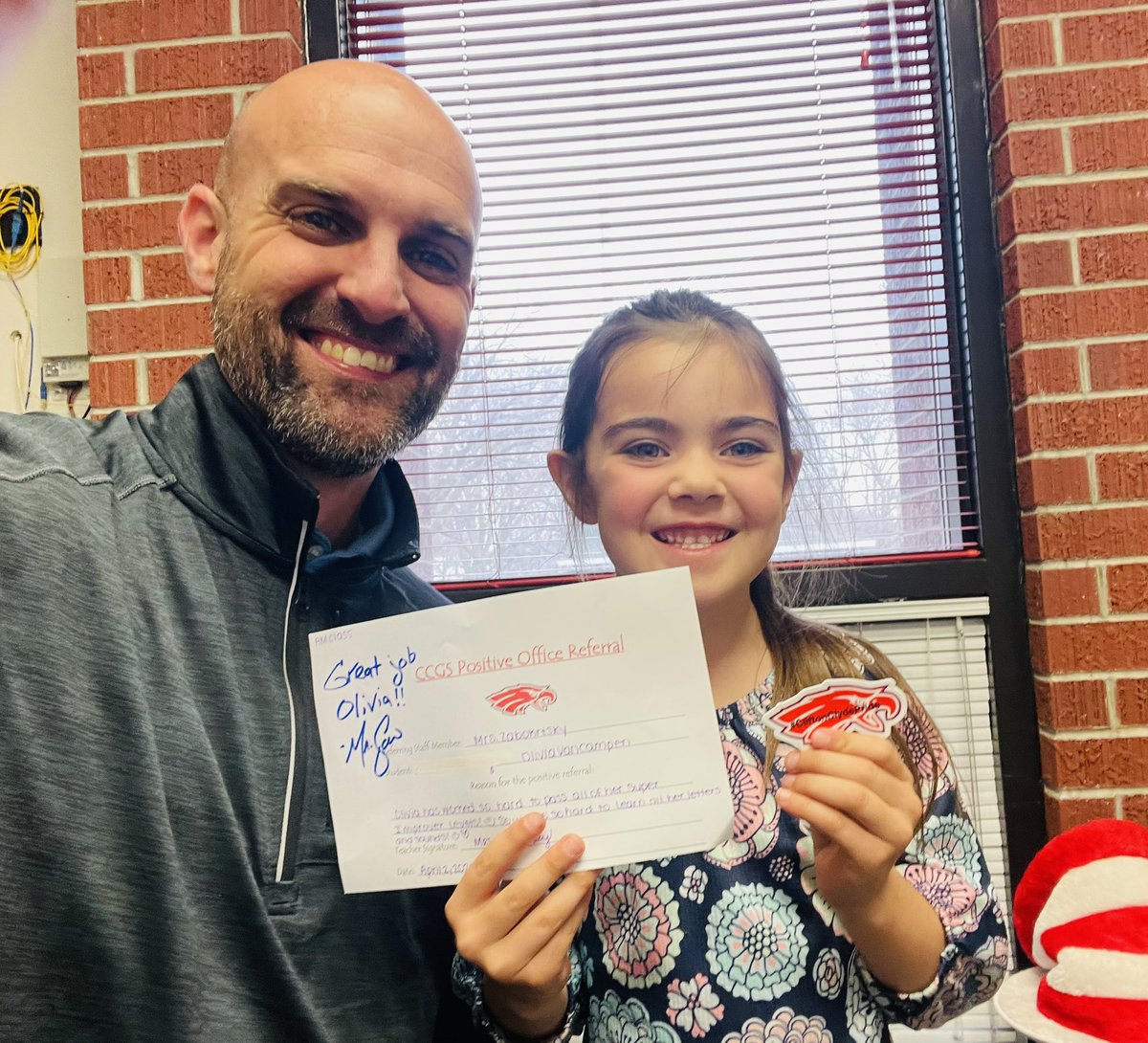 Hard work in the PreK room earned this young lady a #PositiveOfficeReferral! She has done a great job with her letters, sounds, and positive behavior!! #CliftonClydePride