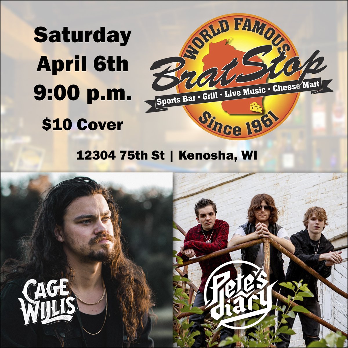 We're excited for our first show @bratstop in #Kenosha, WI this Saturday, April 6th with #CageWillis.

Cage Willis 9-10:15
#PetesDiary 10:30 - 12:00
$10 Door Cover, Ages 21+

@petedank 🎸