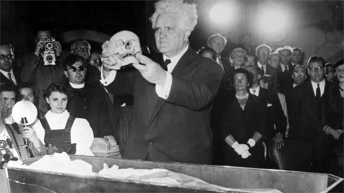 Haydn's skull being 'reunited' with his remains during a ceremony in Austria on June 5, 1954. It had been stolen shortly after his burial in 1809 at the behest of two devotees of Phrenology, a pseudo-science in which bumps on the skull are linked to psychological traits.