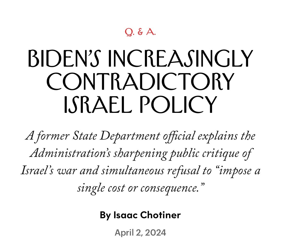 New Interview: I talked to former Middle East peace negotiator Aaron David Miller about the contradictions of Biden’s Israel policy, and why American leaders are so reluctant to cause conflict with Israel. newyorker.com/news/q-and-a/b…