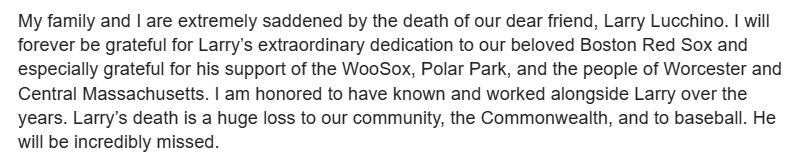 Former Lieutenant Governor Karyn Polito issued the following statement on the death of former Red Sox President and CEO, Larry Lucchino: