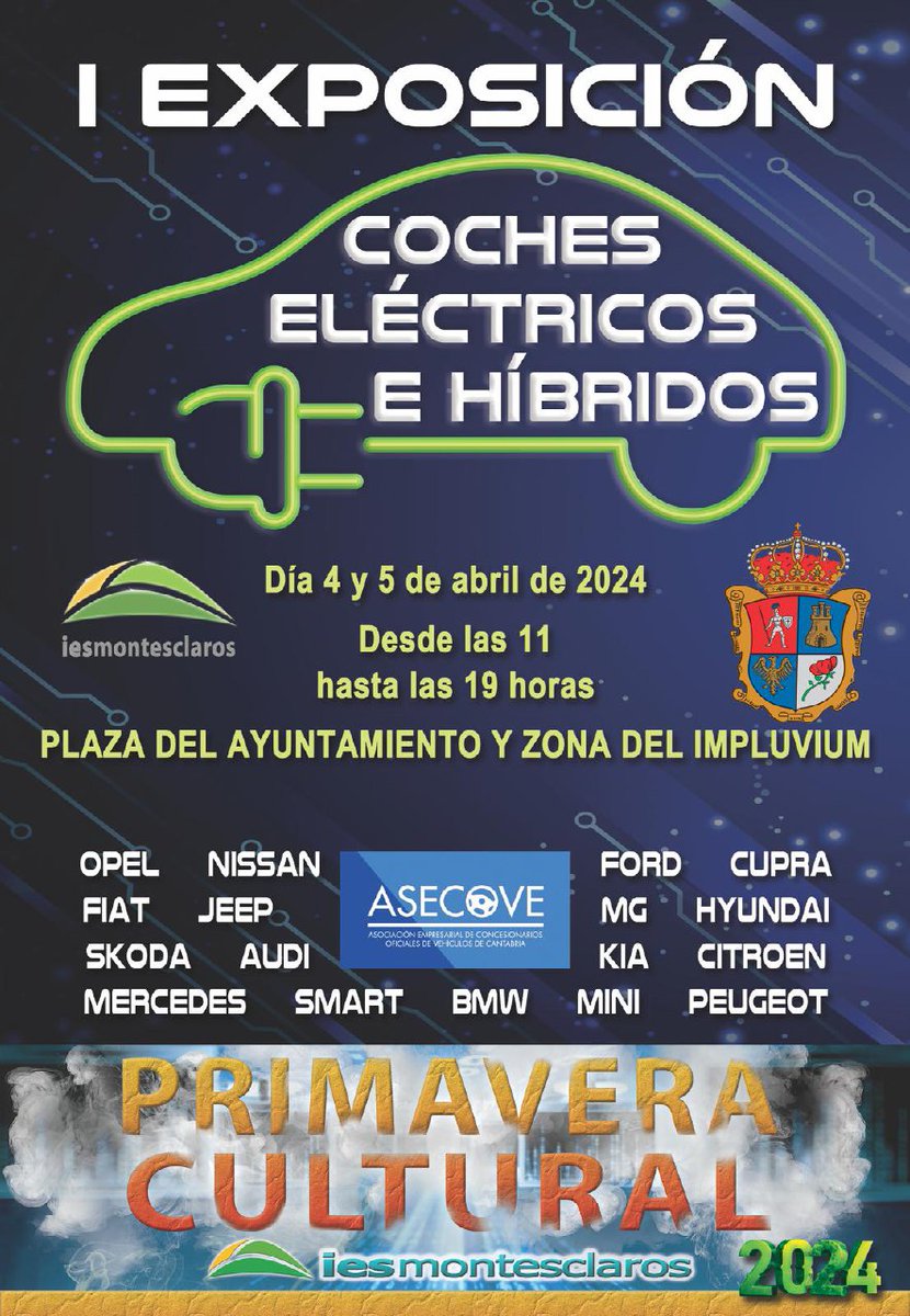 Los días 4 y 5 estaremos en Reinosa, participando en la 'Primavera Cultural' del <a href="/IesMontesclaros/">IES Montesclaros</a>, en la I exposición de coches eléctricos e híbridos ⚡️ 

🚙 Mostraremosehículos de #GrupoBlendio, @grupoadsa, <a href="/GrunblauMotor/">Grünblau Motor</a>, <a href="/autopalasopel/">Auto Palas Opel</a>
 y <a href="/grupohercos/">Grupo Hercos Parayas</a>

¡Os esperamos!